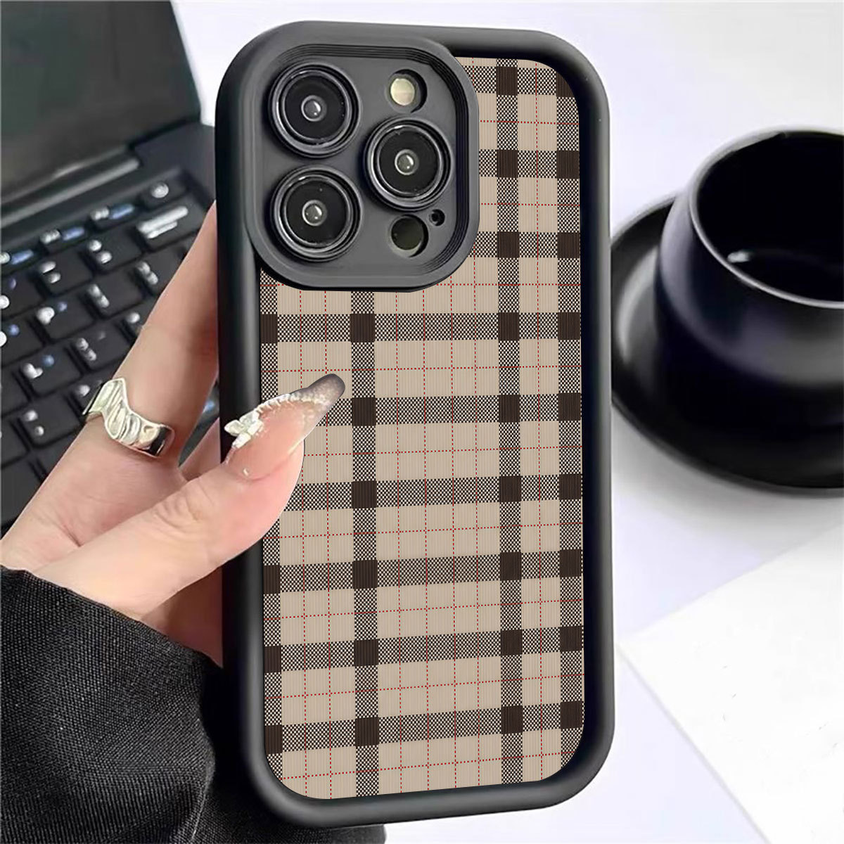Coffee-colored Checkered Stepped Black-grooved Phone Case Protector photo 1