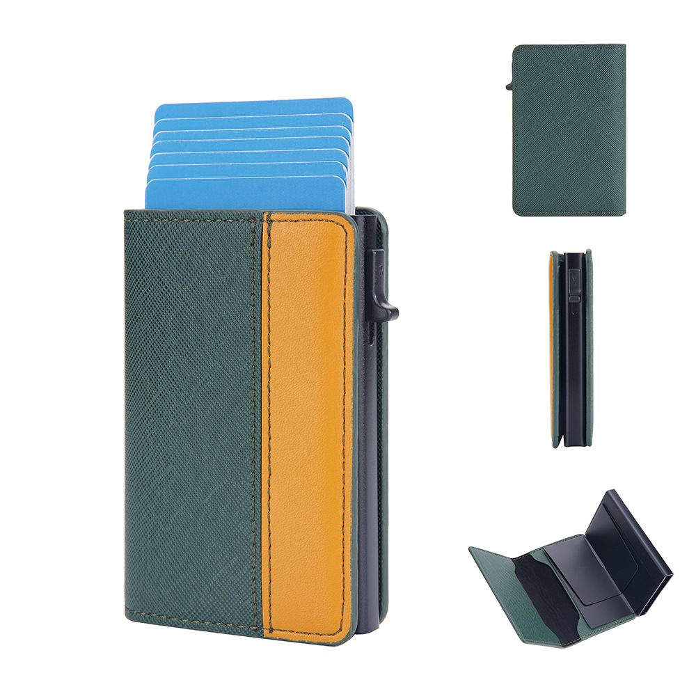 Leather Patchwork Color-block Side-push Anti-magnetic Anti-theft Card Holder photo 3