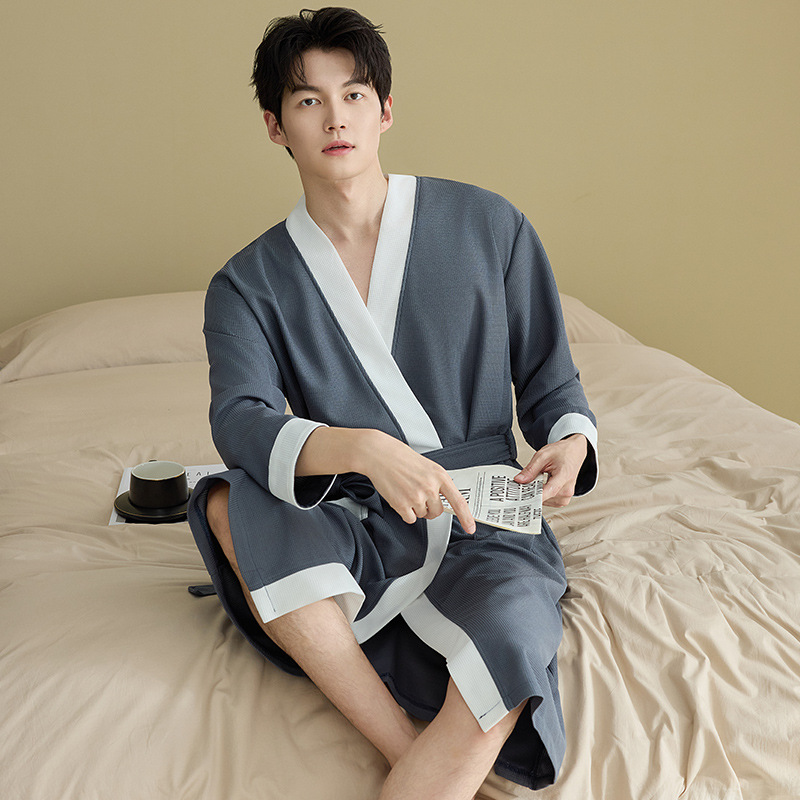 Mens Waffle-Weave Simple Casual Nightgown photo 1