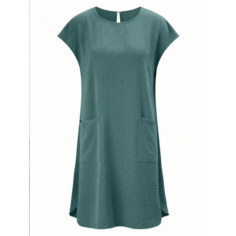 Casual Loose-fit Solid-color Round-neck Short-sleeve Ice-silk Pleated Dress photo 3