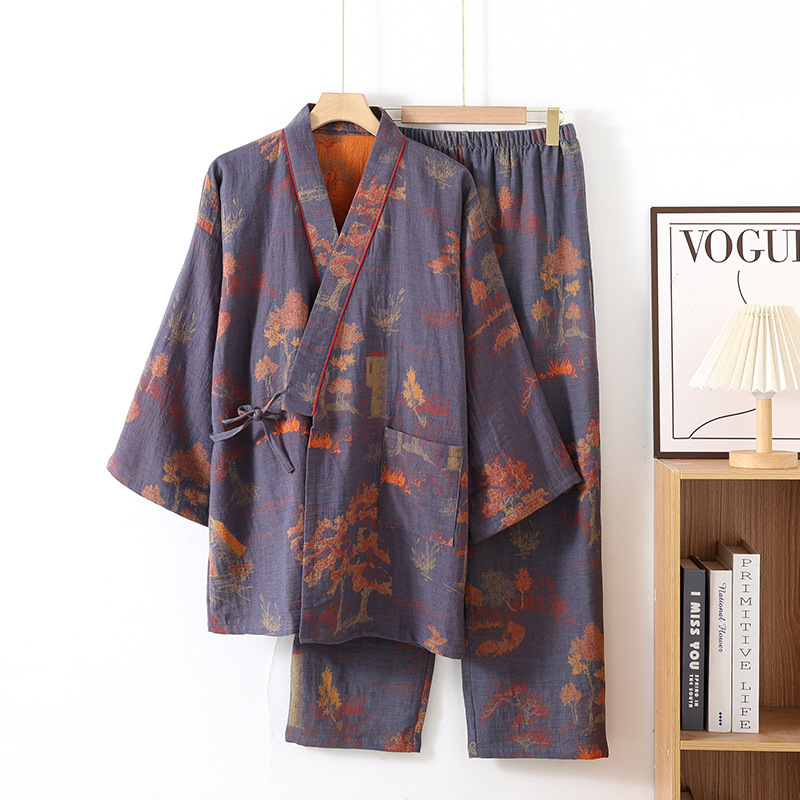 Pajama Hanfu Loungewear Pure Cotton Yarn-Dyed Jacquard Loose-Fit Lace-Up Home Set photo 4