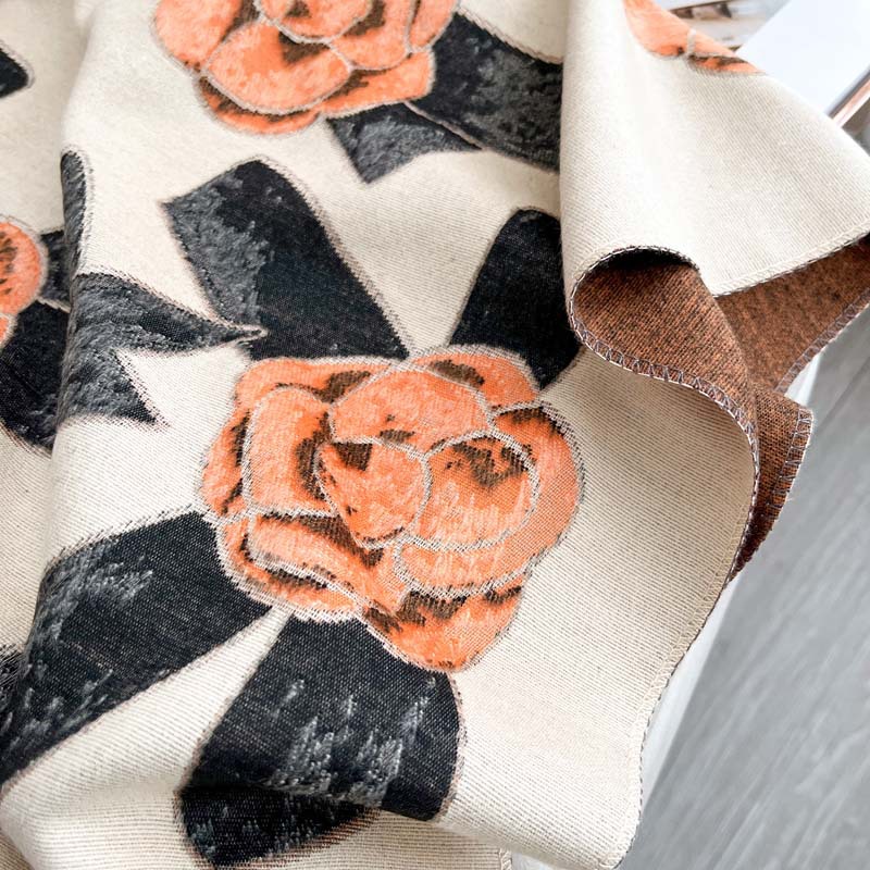 Light-luxury Camellia Bow Shawl Double-sided Thickened Scarf photo 3