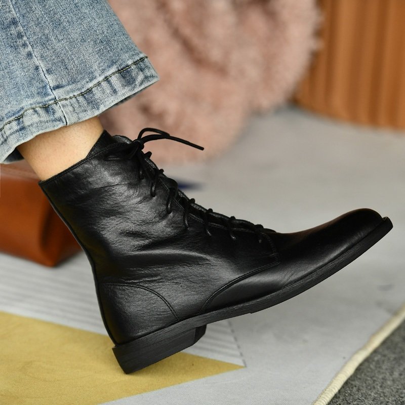 Womens Round-toe Thick-soled Ankle Boots In Washed Pebble-grain Leather photo 1