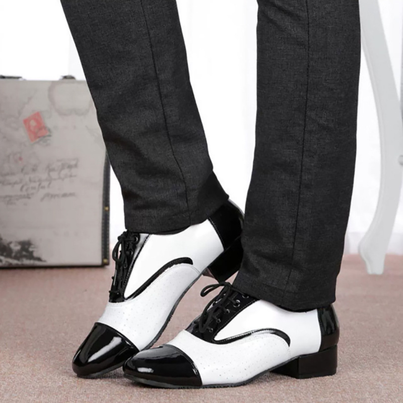 Latin Dance Shoes Men's Leather Black And White International Dancing Shoes photo 1