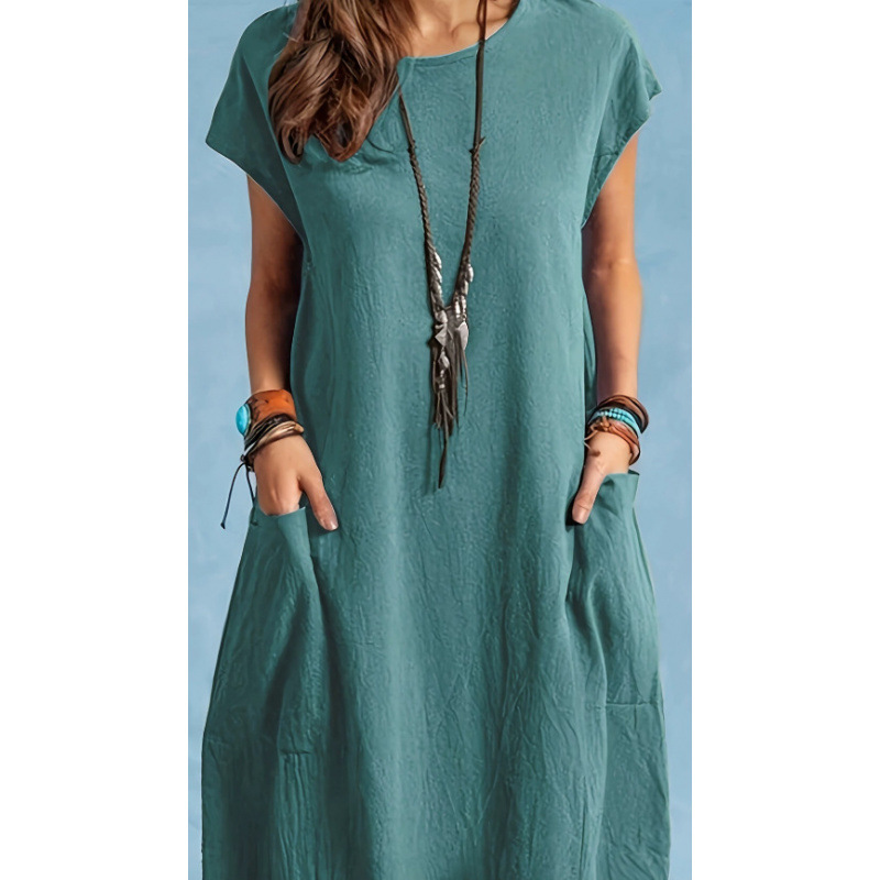 Casual Loose-fit Solid-color Round-neck Short-sleeve Ice-silk Pleated Dress photo 2