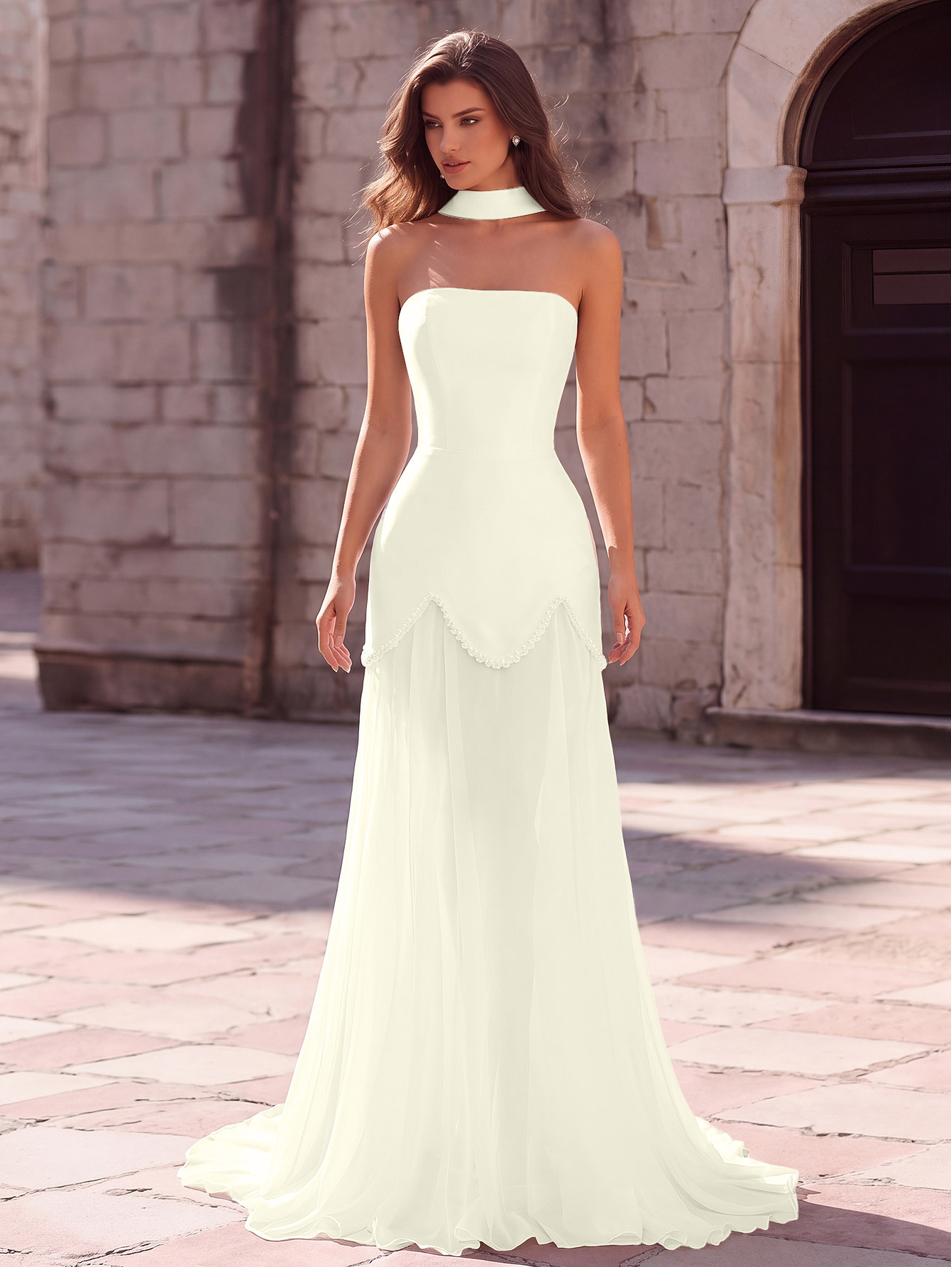 European And American-style Halter-neck Strapless Satin Light Wedding Dress With A Trailing Train photo 7