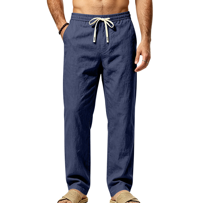Mens Straight Leg Solid Color Casual Linen Pants With Drawstring And Elastic Waist photo 7