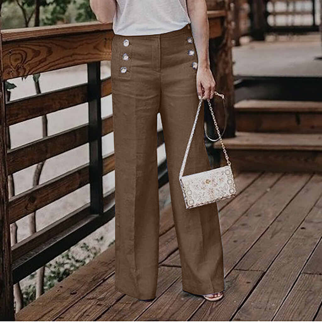 Women's High-Waisted Casual Cotton-Linen Wide-Leg Pants With Buttons photo 2