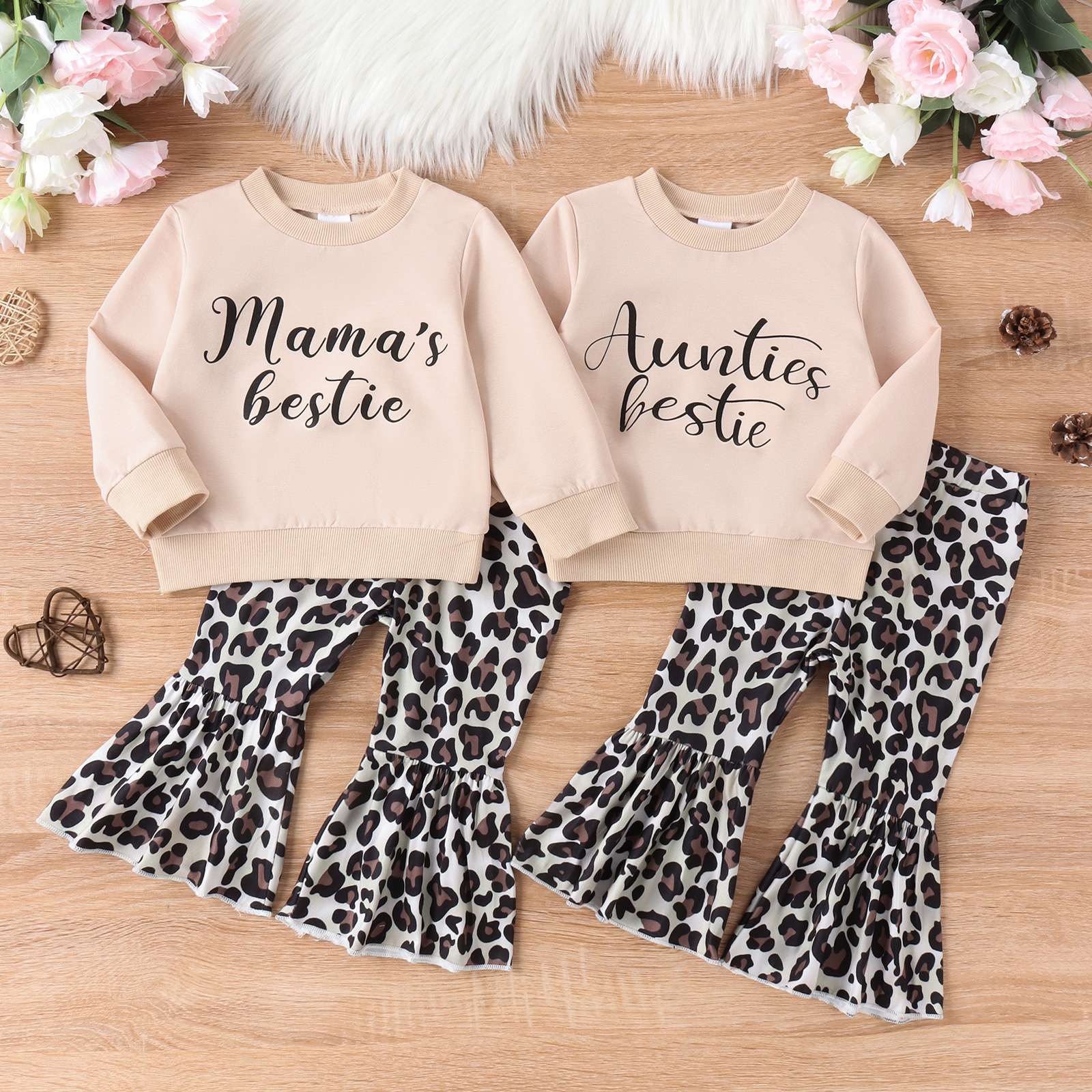 Parent-child Clothes Suit Clothes Girls' Sweater Top Leopard Print Bell-bottom Pants photo 1