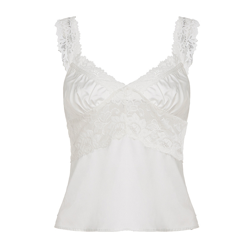 Satin Hollow-out Lace-trimmed V-neck Solid-color Camisole Top photo 2