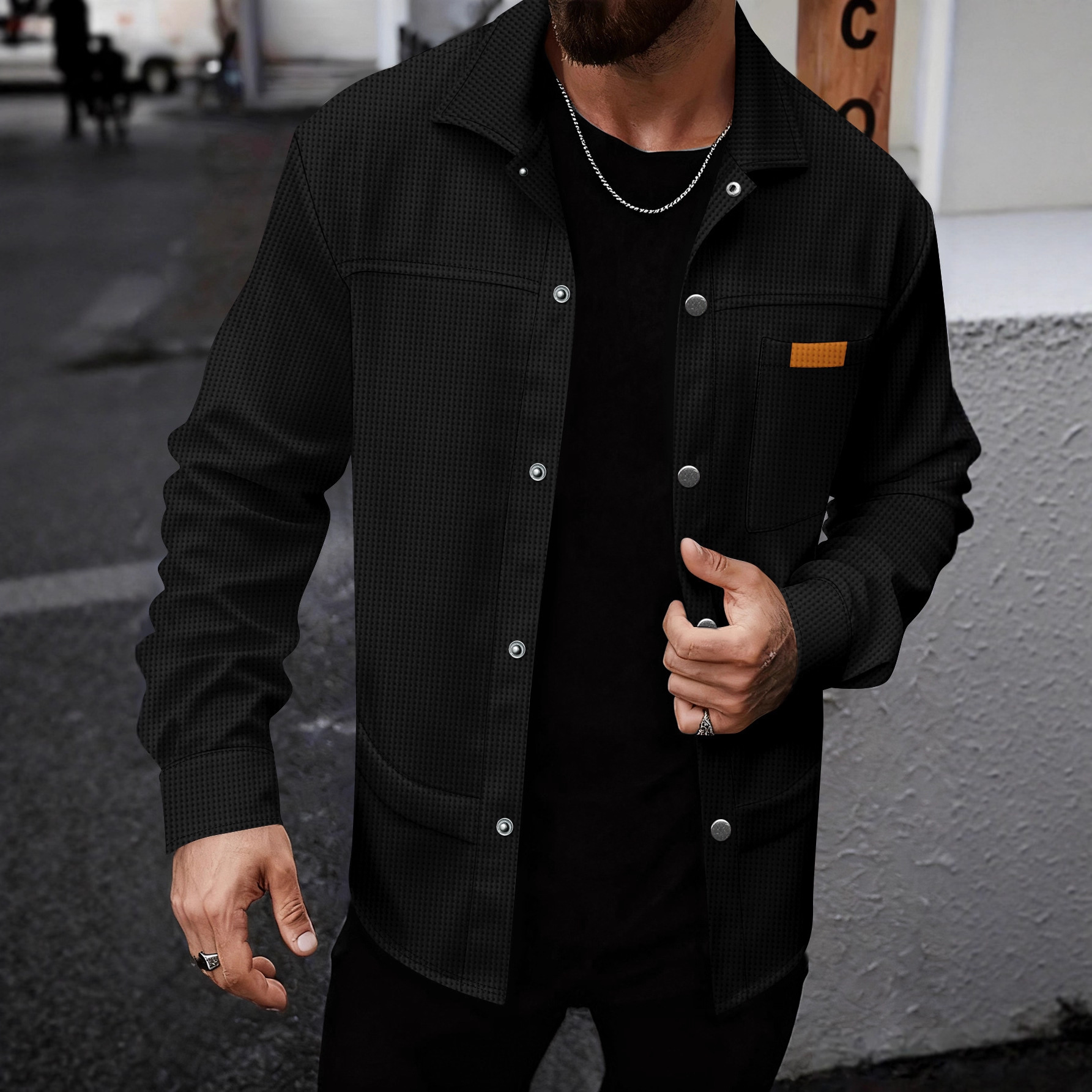Solid-color Lapel-pocket Button-front Workwear Casual Long-sleeved Shirt photo 1