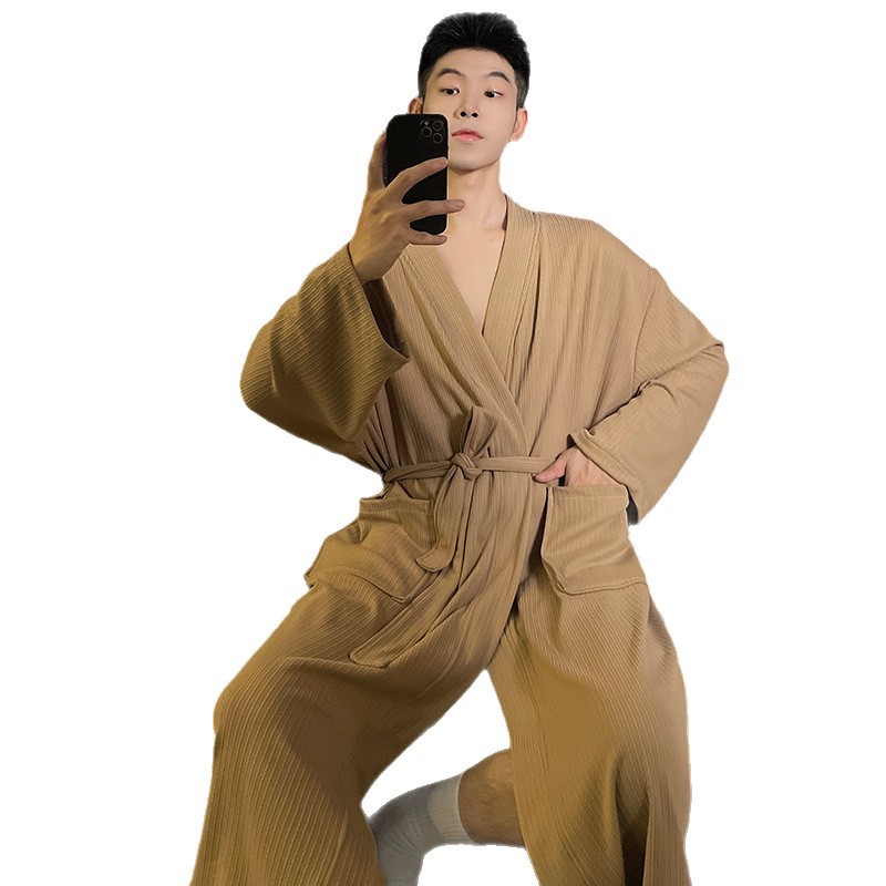 Mens Autumn Winter Solid-Color Belted Cardigan Robe photo 3