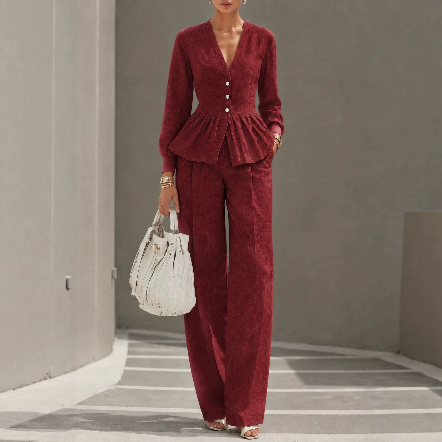 Long-sleeve V-neck Top And Wide-leg Pants Two-piece Set photo 3