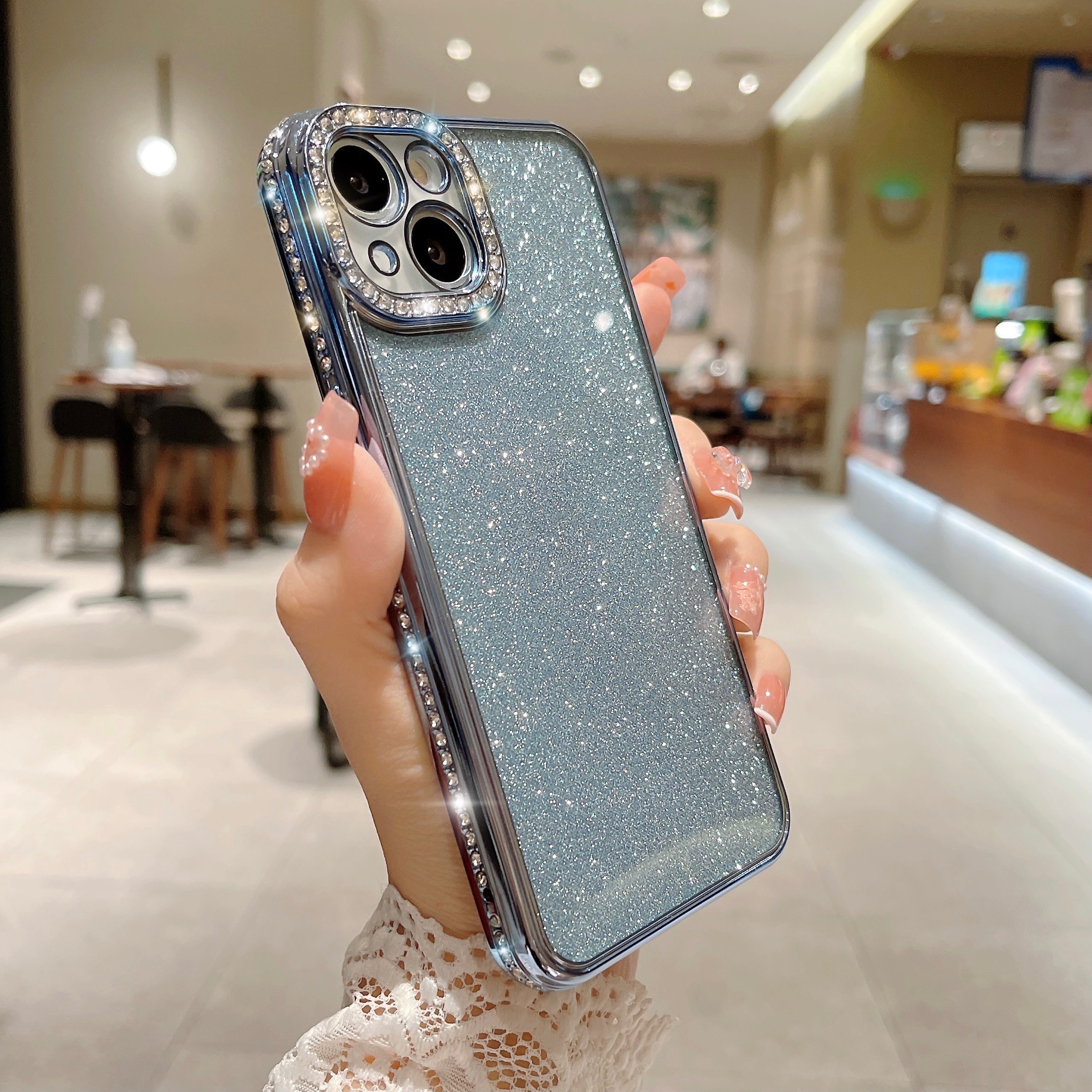 Glitter Rhinestone Electroplated Straight Edge Transparent Drop-resistant Protective Shell photo 6