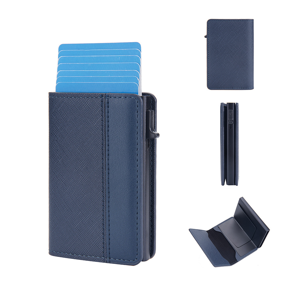 Leather Patchwork Color-block Side-push Anti-magnetic Anti-theft Card Holder photo 2
