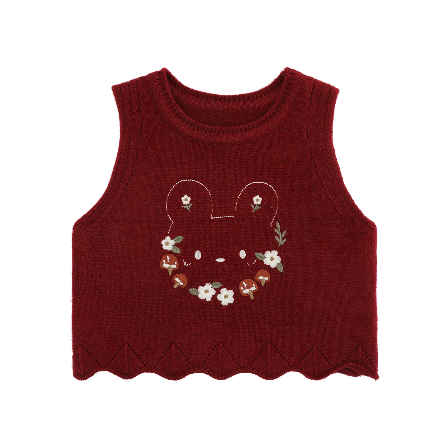 Girl's Ruffled-edged Bear And Floral Embroidered Vest With Lace Denim Jeans photo 6
