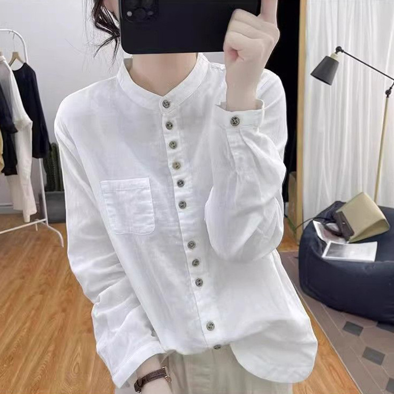 Cultural And Vintage-style Top With A Stand-up Collar And Single-breasted Design photo 2