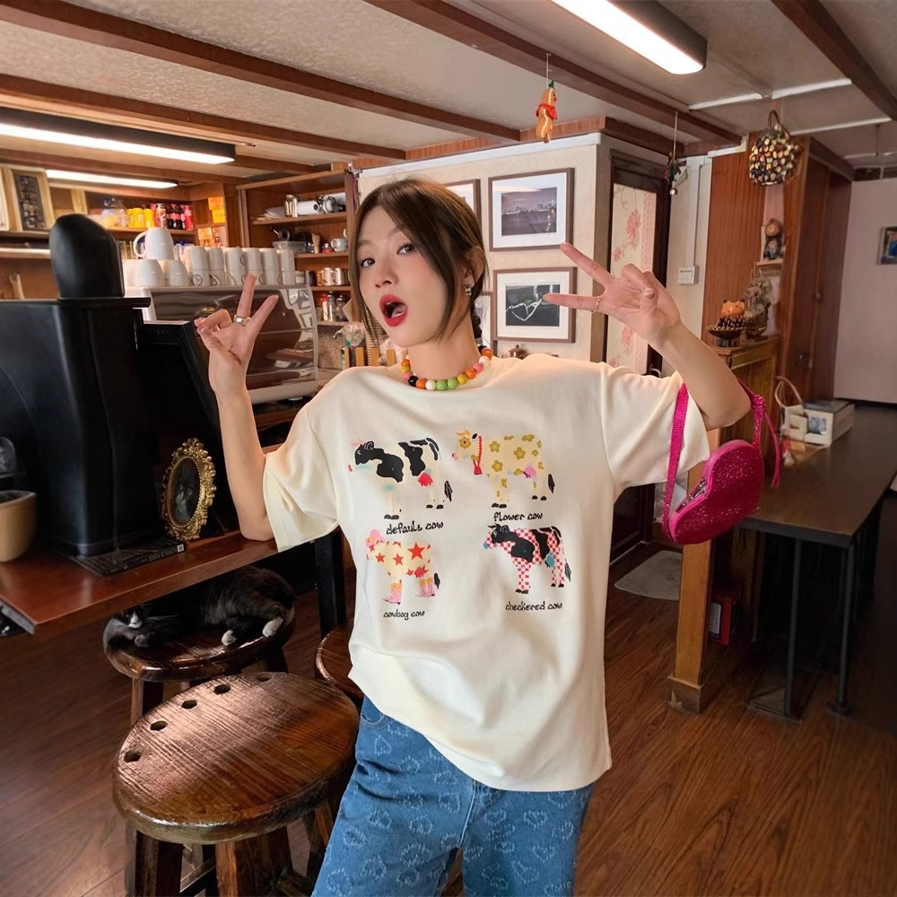 American Retro Cartoon Print Korean Version Loose Versatile Top photo 4
