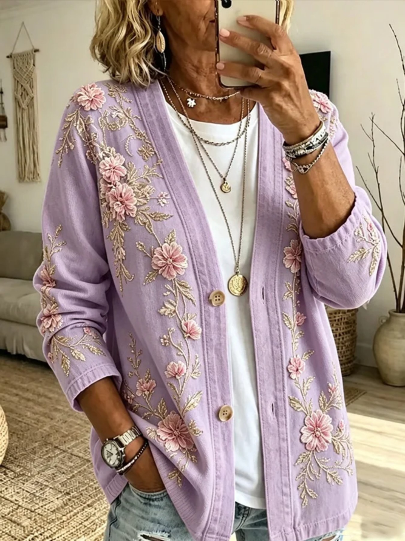 Printed Long-sleeve Cardigan With Two Buttons photo 7