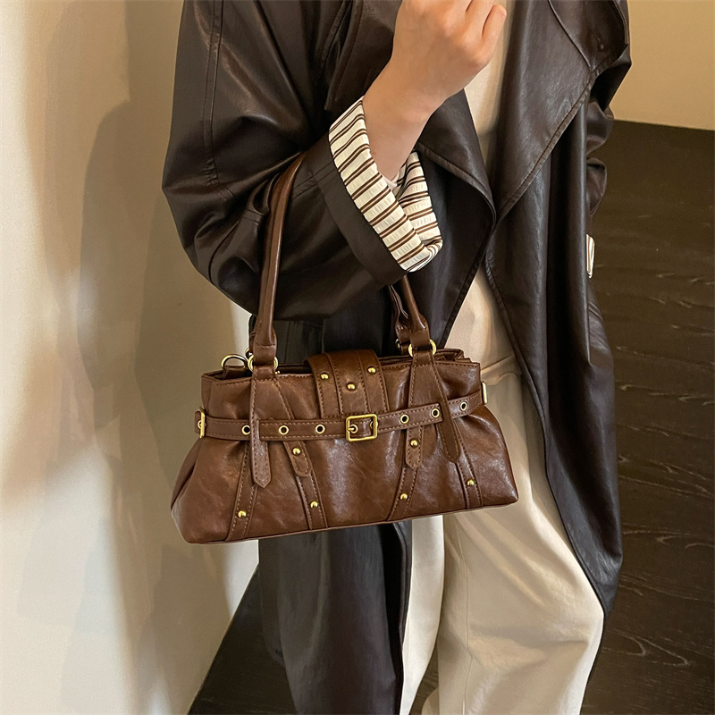 Womens Shoulder Bag With A Locomotive-style Belt Rivets And Metal Buckle photo 8