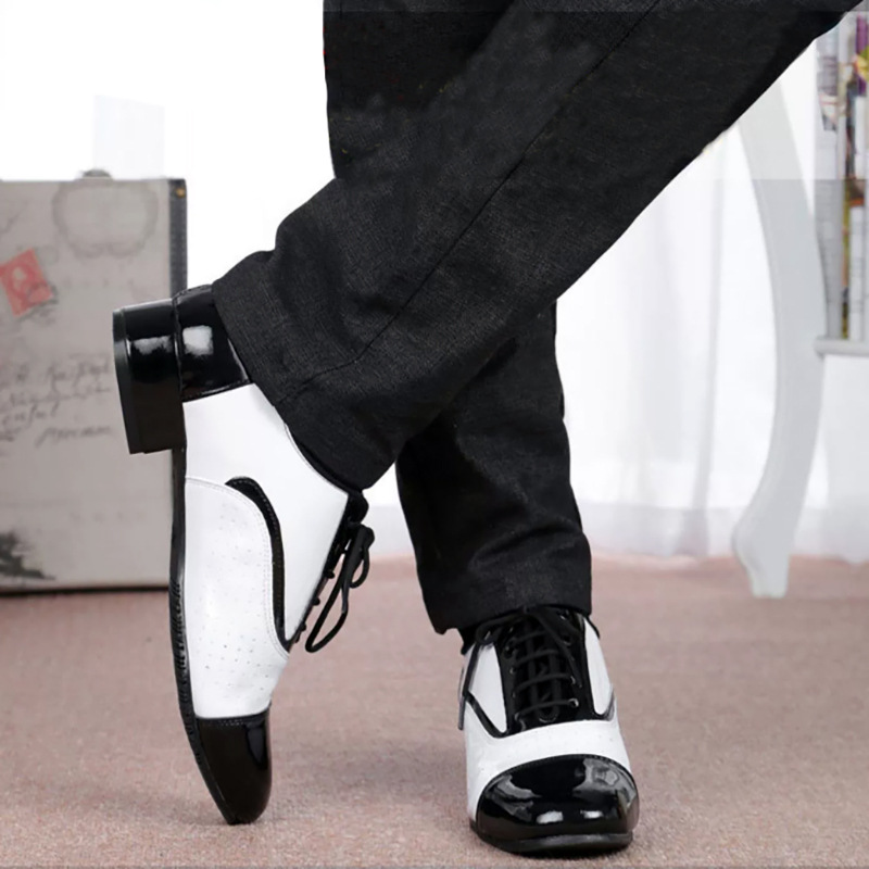 Latin Dance Shoes Men's Leather Black And White International Dancing Shoes photo 3