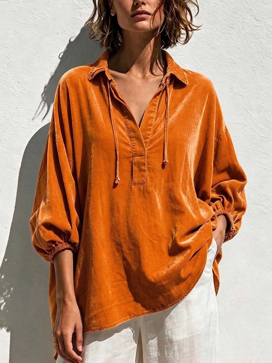 Women's Velvet Lapel Casual Polo Shirt photo 3