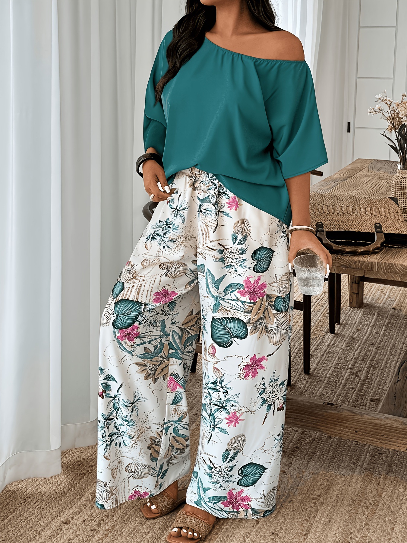Casual Womens Set Featuring Plant And Floral Print Wide-leg Pants photo 7