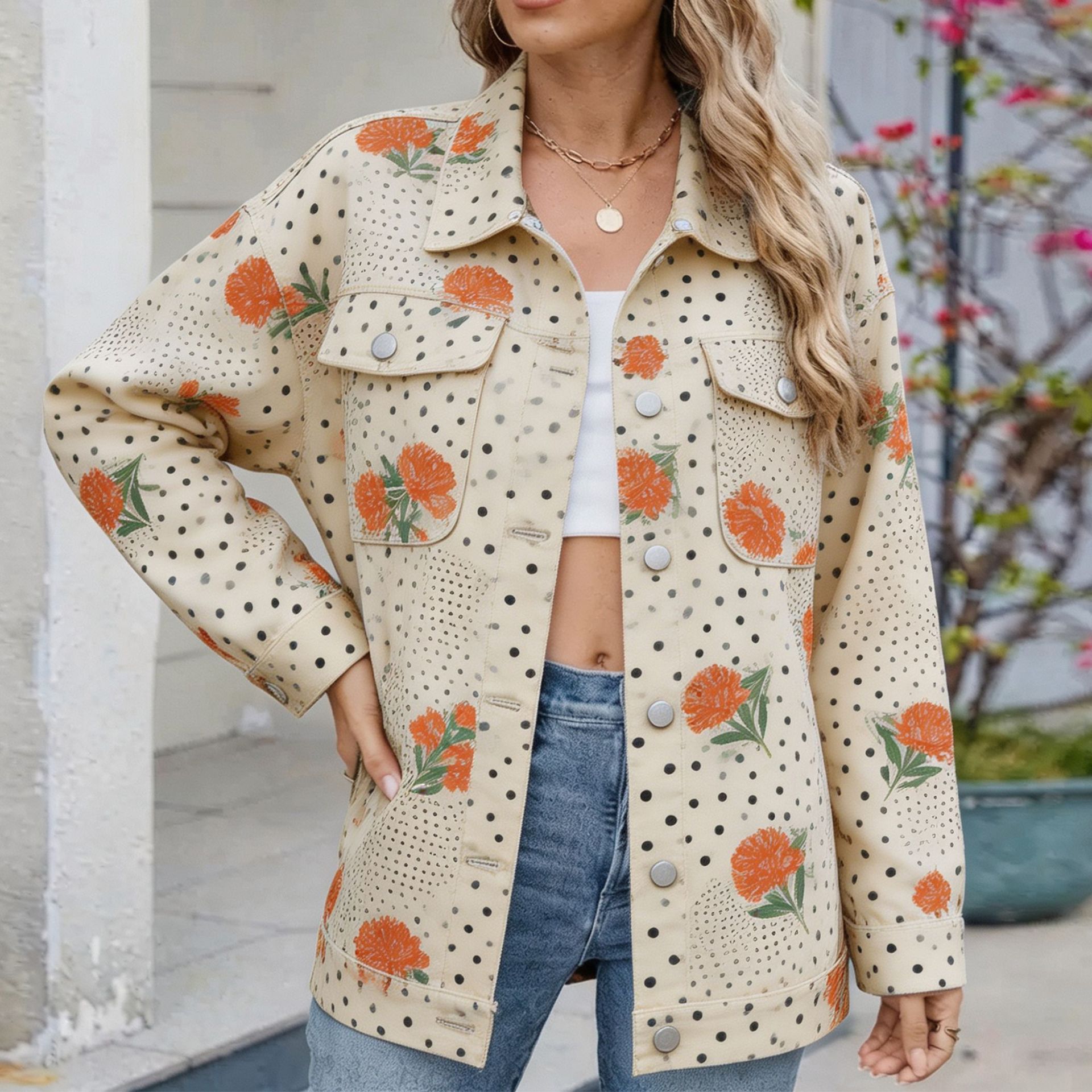 Women's Denim Jacket With All-Over Plant Print photo 6