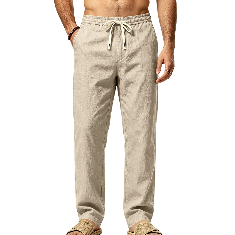 Mens Straight Leg Solid Color Casual Linen Pants With Drawstring And Elastic Waist photo 3