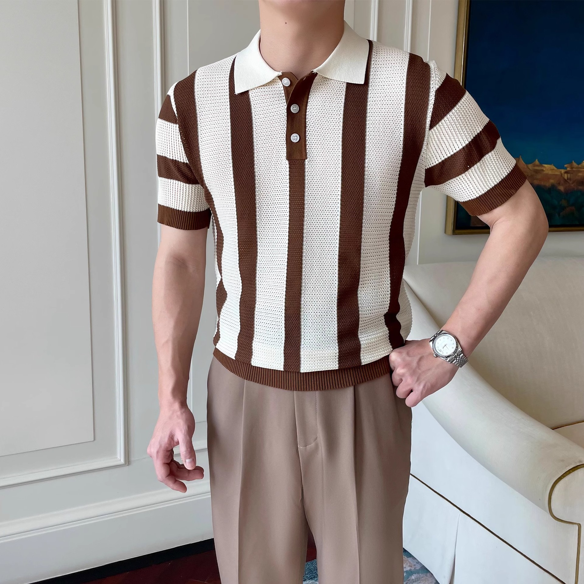 Striped Knitted Polo Shirt Men's Cool & Dashing Lapel T-Shirt photo 5