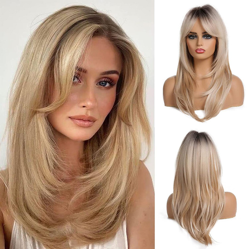 Womens Figure-8 Bangs Black-to-gray Ombre Long Straight Synthetic Hair photo 2