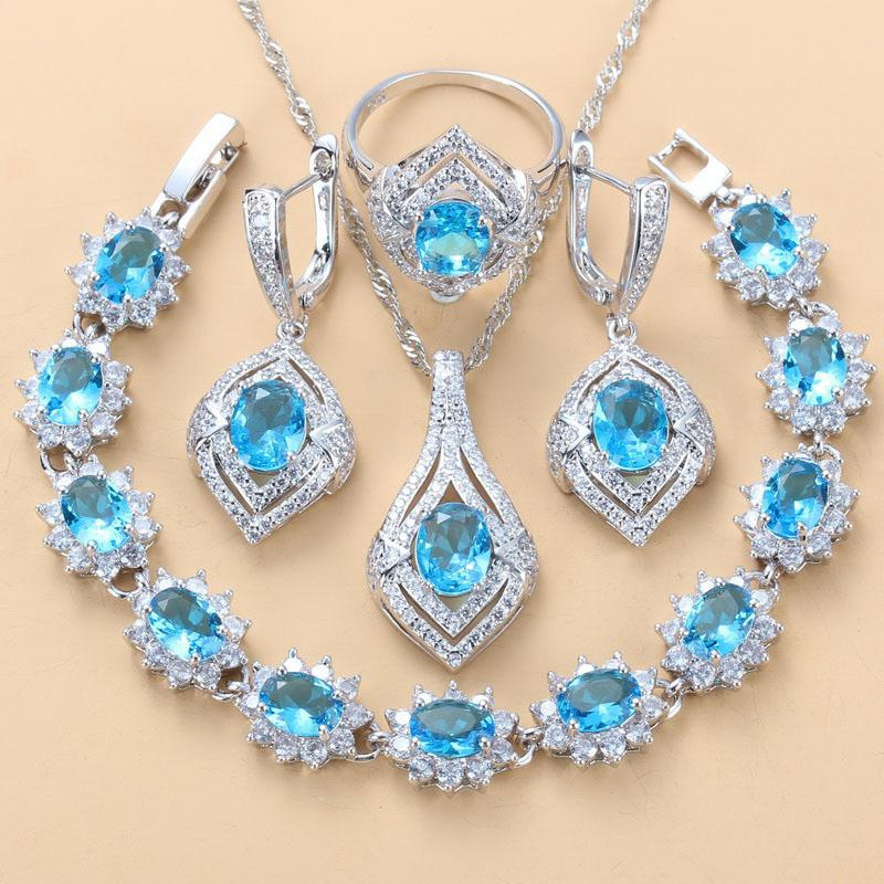 Inlaid Gemstone Pendant Earrings Necklace And Ring For Women 4 PCs Set photo 3