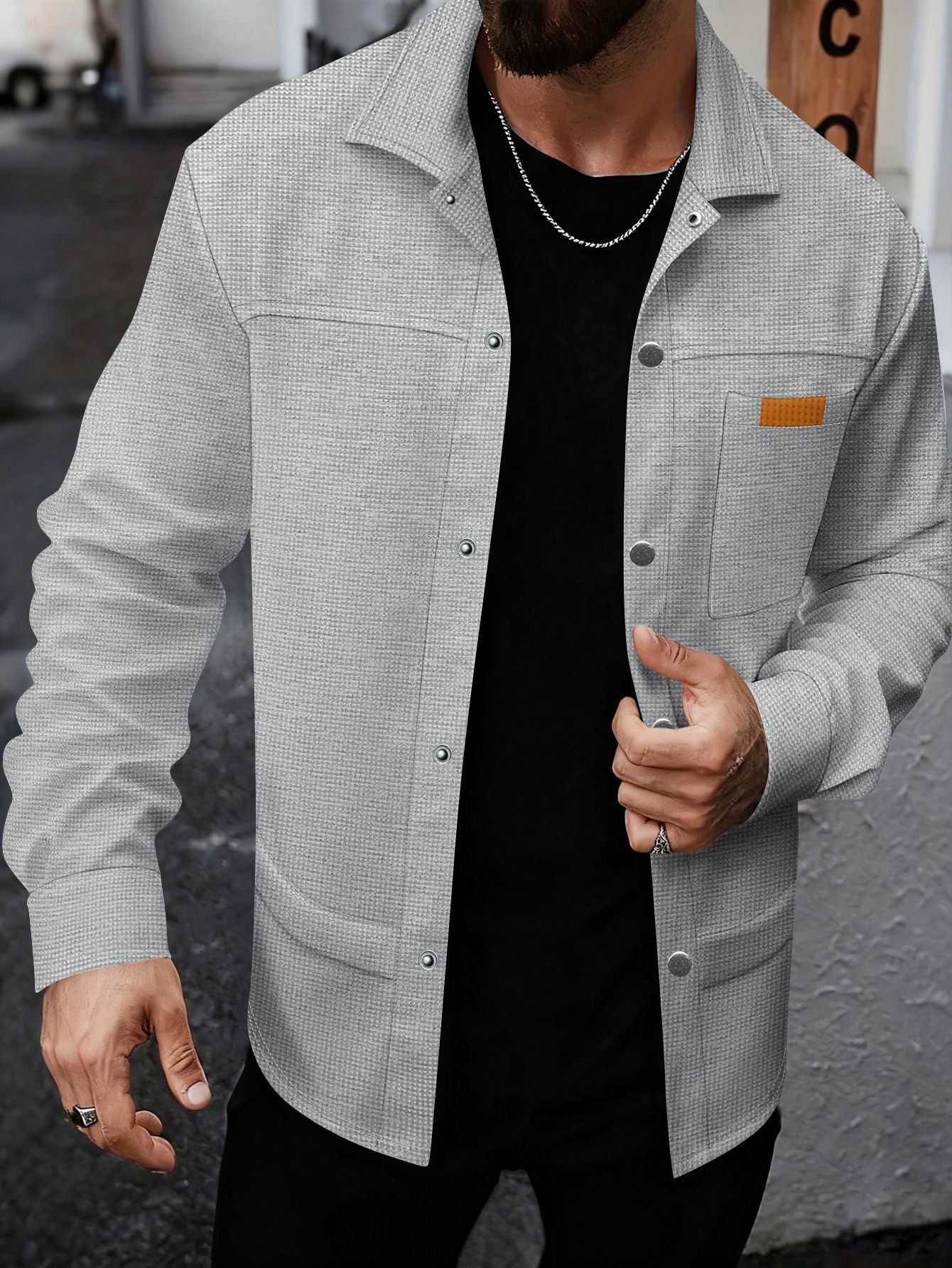 Solid-color Lapel-pocket Button-front Workwear Casual Long-sleeved Shirt photo 2