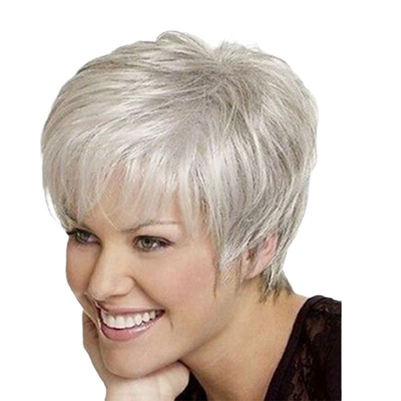 Stylish And Elegant White Short Straight Wig Moms Wig photo 3