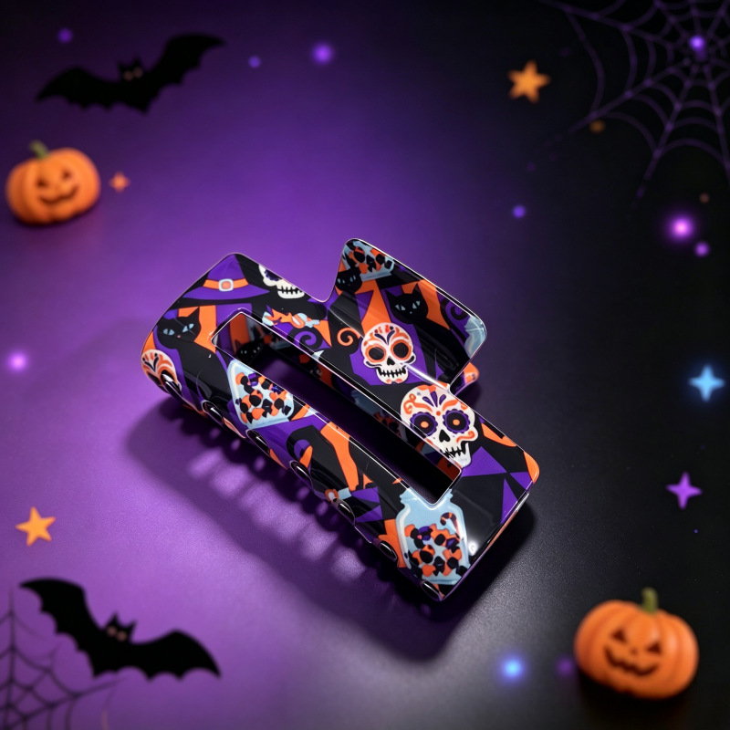 Halloween-themed Hair Clip Square Clip With Skull And Black Cat Print photo 6