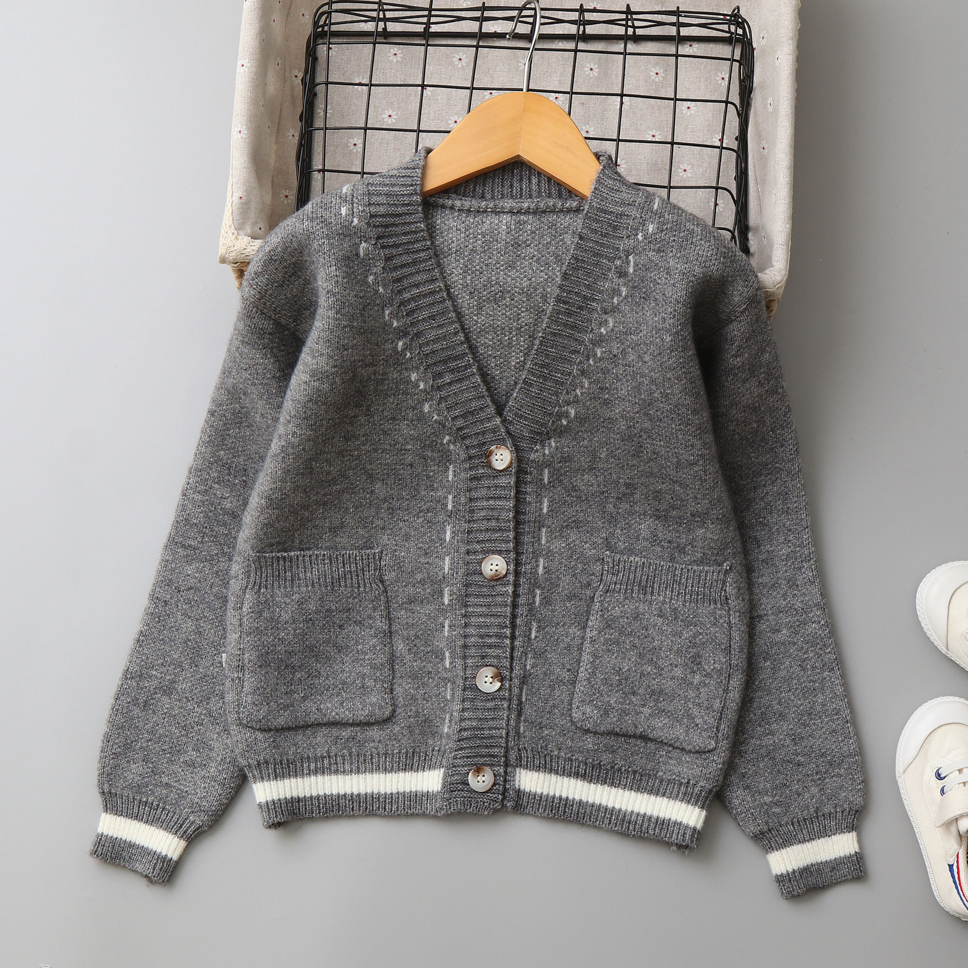 Striped Jacquard Cashmere Sweater Cardigan For Boys photo 4