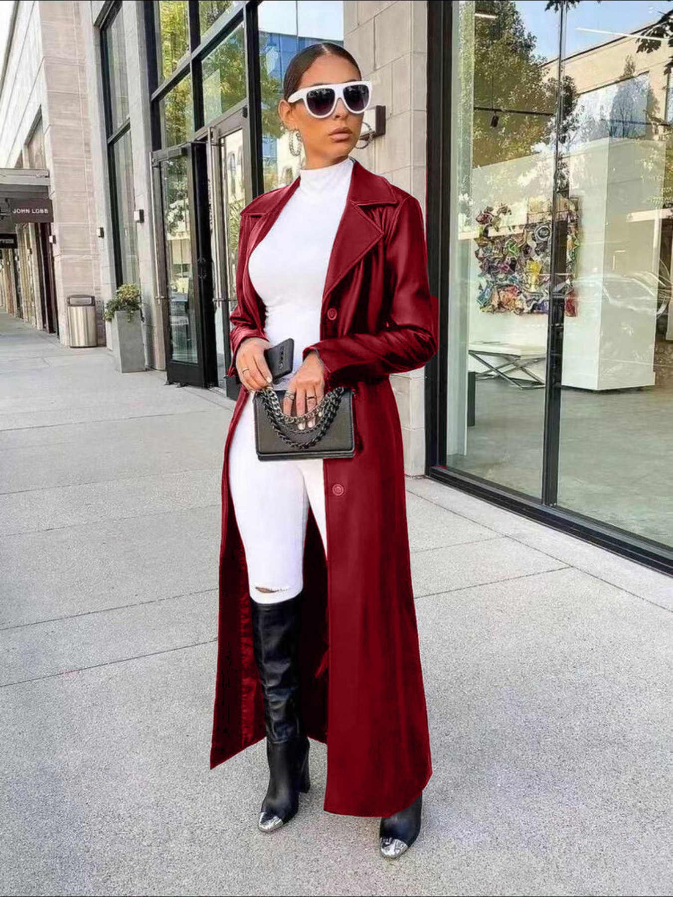 European And American-style Long-length Lapel PU Leather Jacket photo 4