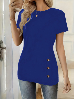 Round-neck Short-sleeve Top With Faux Button Detailingelegant And Versatile photo 8