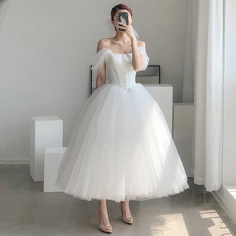 French-style Off-shoulder Light Wedding Dress Midi Length photo 6