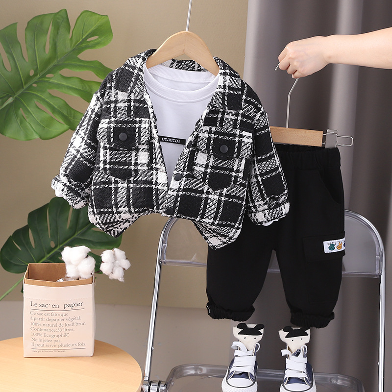 Spring And Autumn Casual Plaid Long-Sleeved Shirt Three-Piece Set photo 2