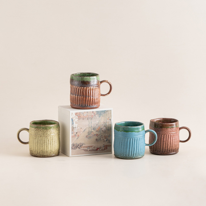 Vertical-Stripe Kiln-Change Coffee Mug Large-Capacity Household Cup photo 1