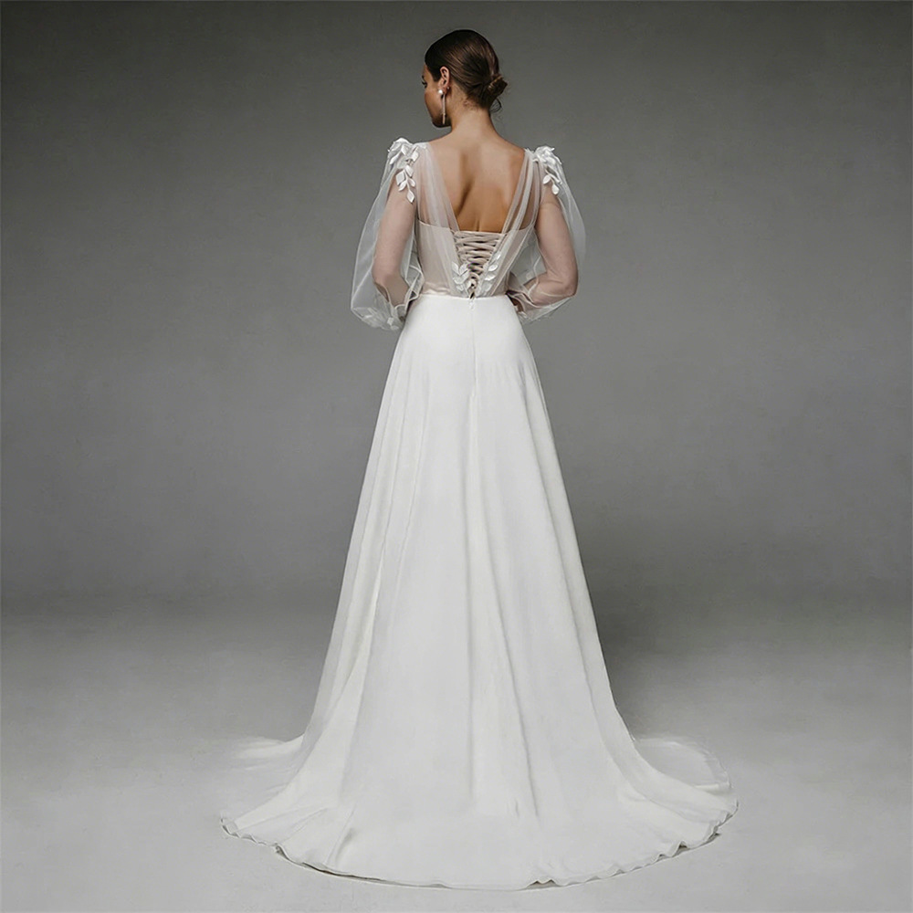 V-neck Sheer Bubble Long-sleeve Three-dimensional Floral Satin Wedding Dress photo 6
