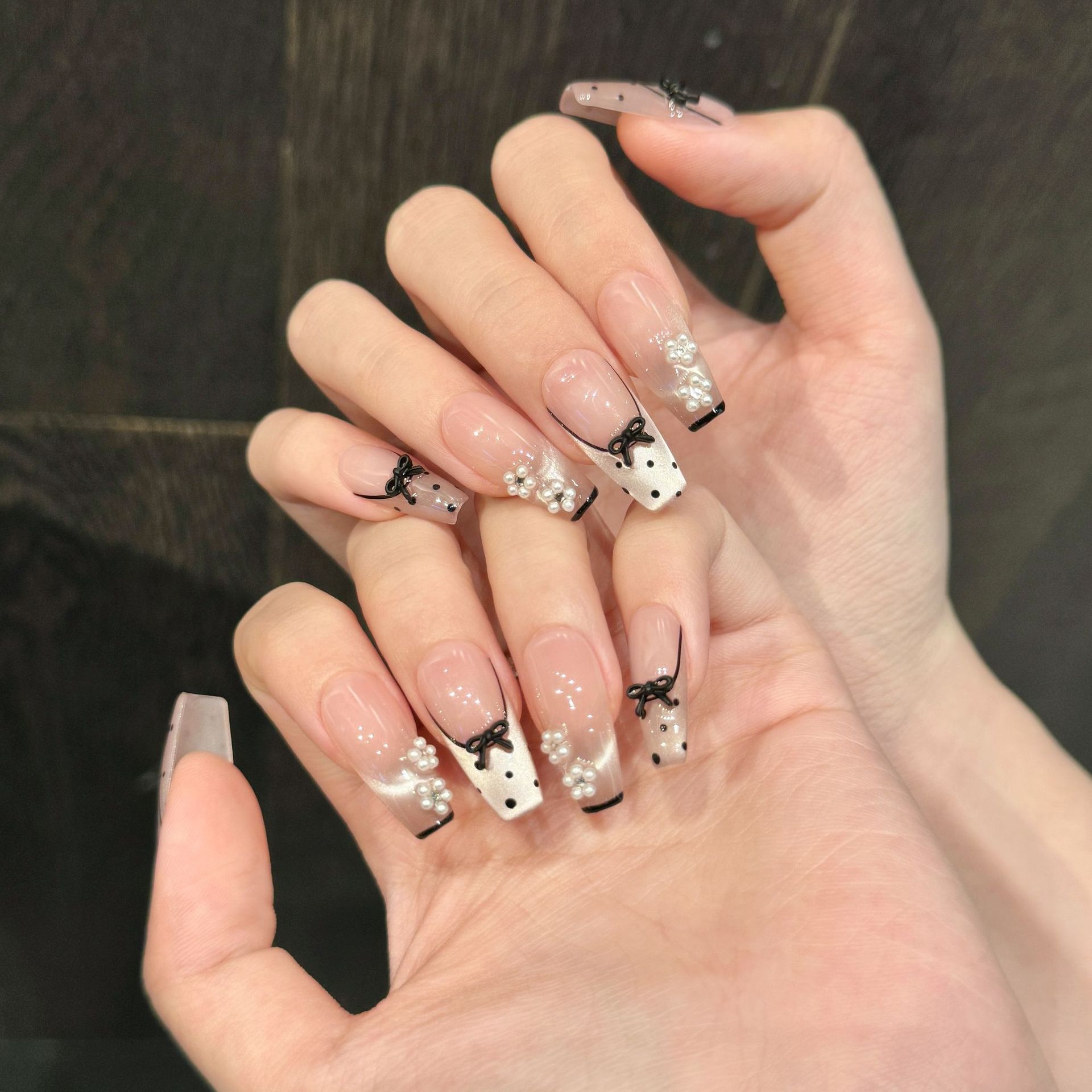 Hand-Painted Cat-Eye Lace-Trimmed French Polka-Dot Nail Stickers Purely Handmade Wearable Nails photo 4