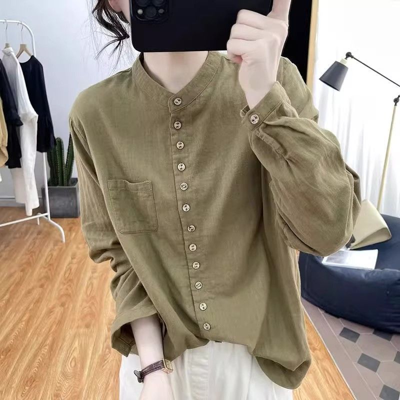 Cultural And Vintage-style Top With A Stand-up Collar And Single-breasted Design photo 3
