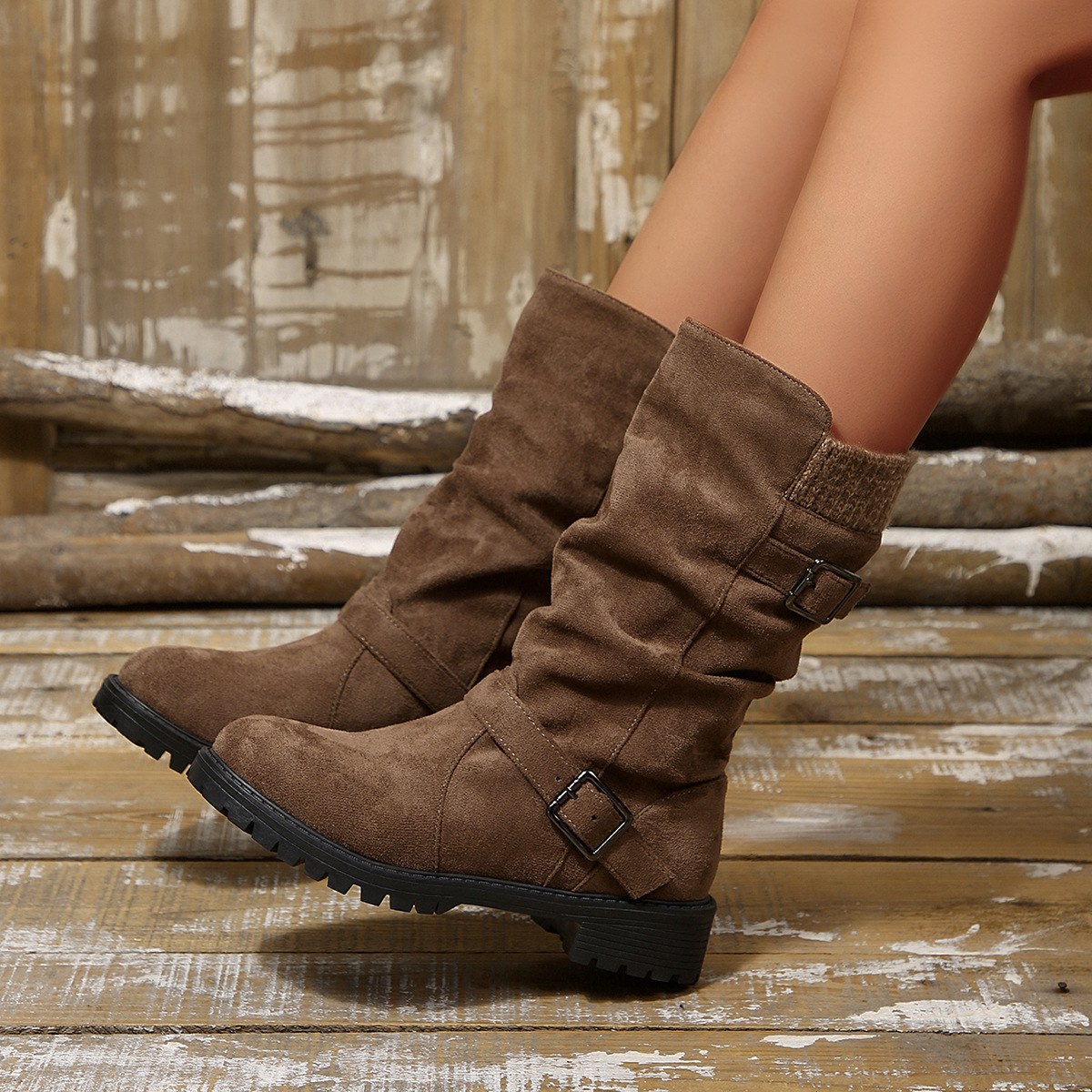 Cuffed Pleated Knit Ankle Boots With A Round Toe And Square Heel For Women photo 8