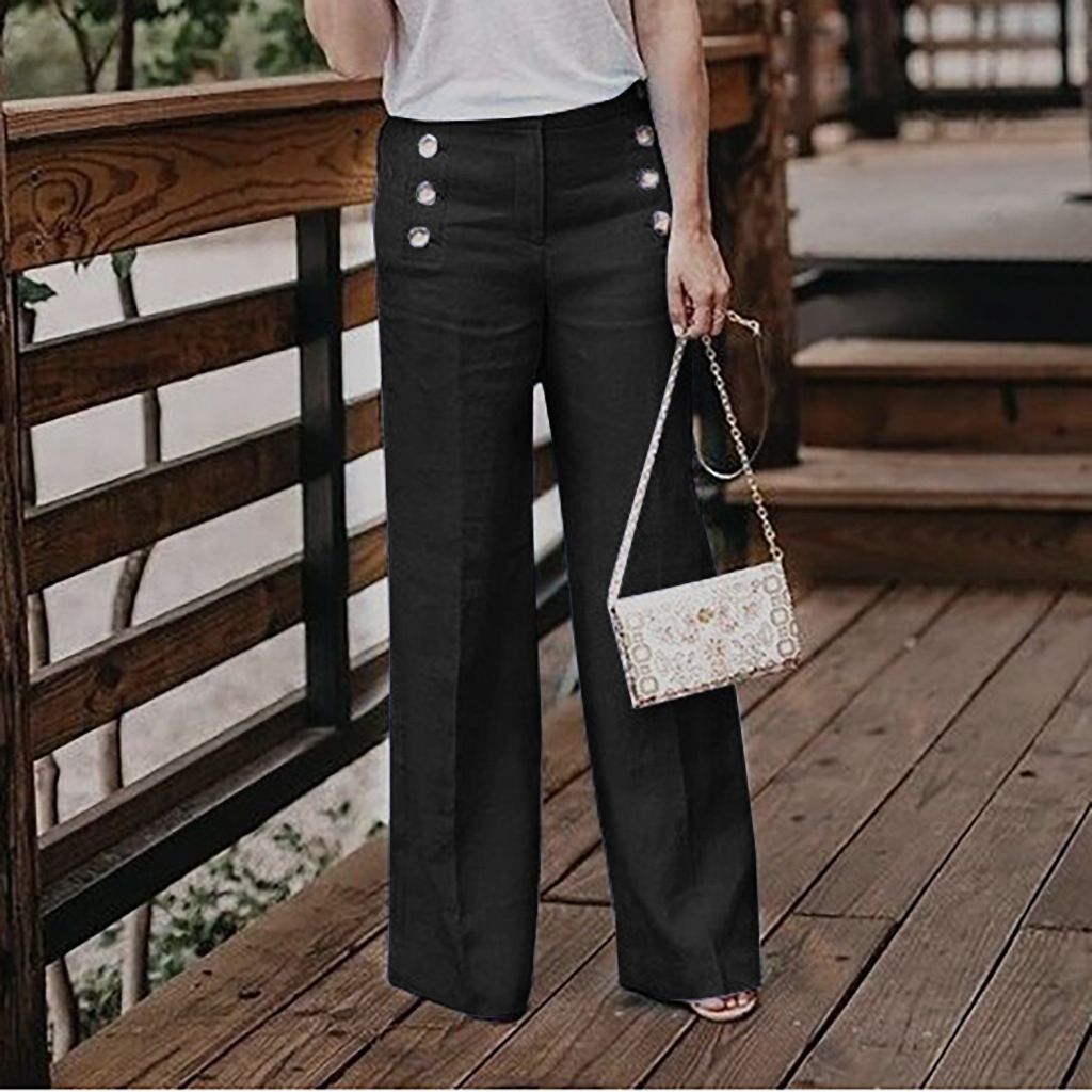 Women's High-Waisted Casual Cotton-Linen Wide-Leg Pants With Buttons photo 4