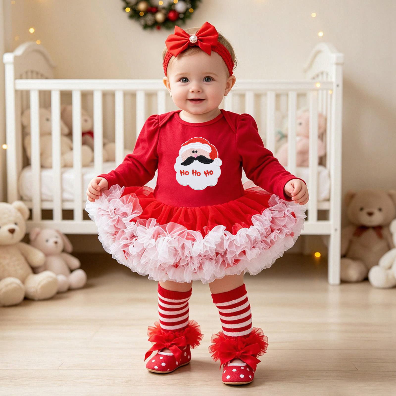 Baby Christmas Long-sleeve Cartoon Romper Dress Red Tulle One-piece Outfit Four-piece Set photo 2
