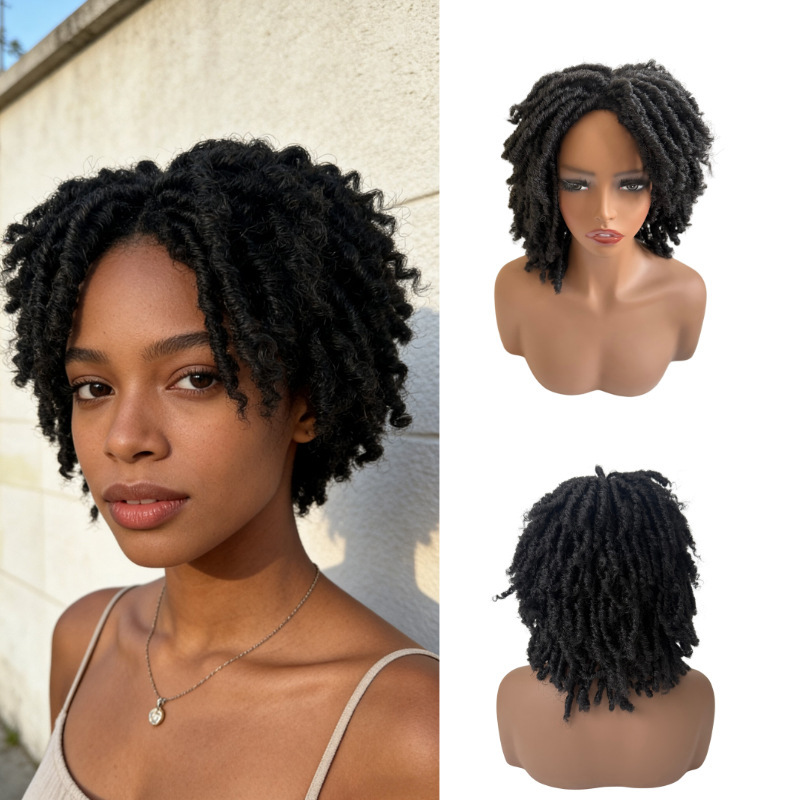 Dreadlock Short Curly Full-wig For Women High-temperature Silk Rose Mesh Cap photo 1