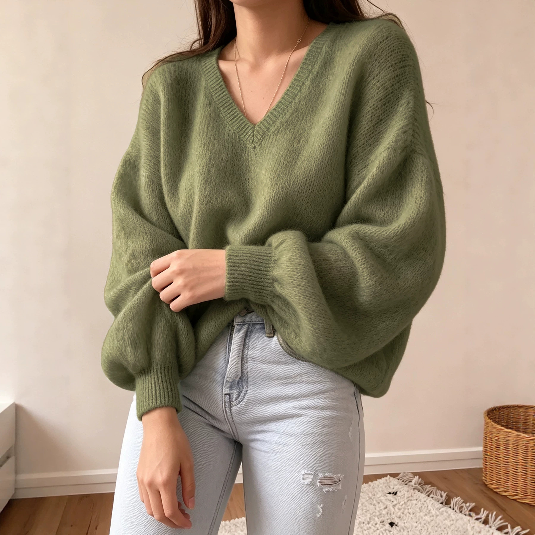 Lantern-sleeve Relaxed Casual-style Knitted Pullover photo 3
