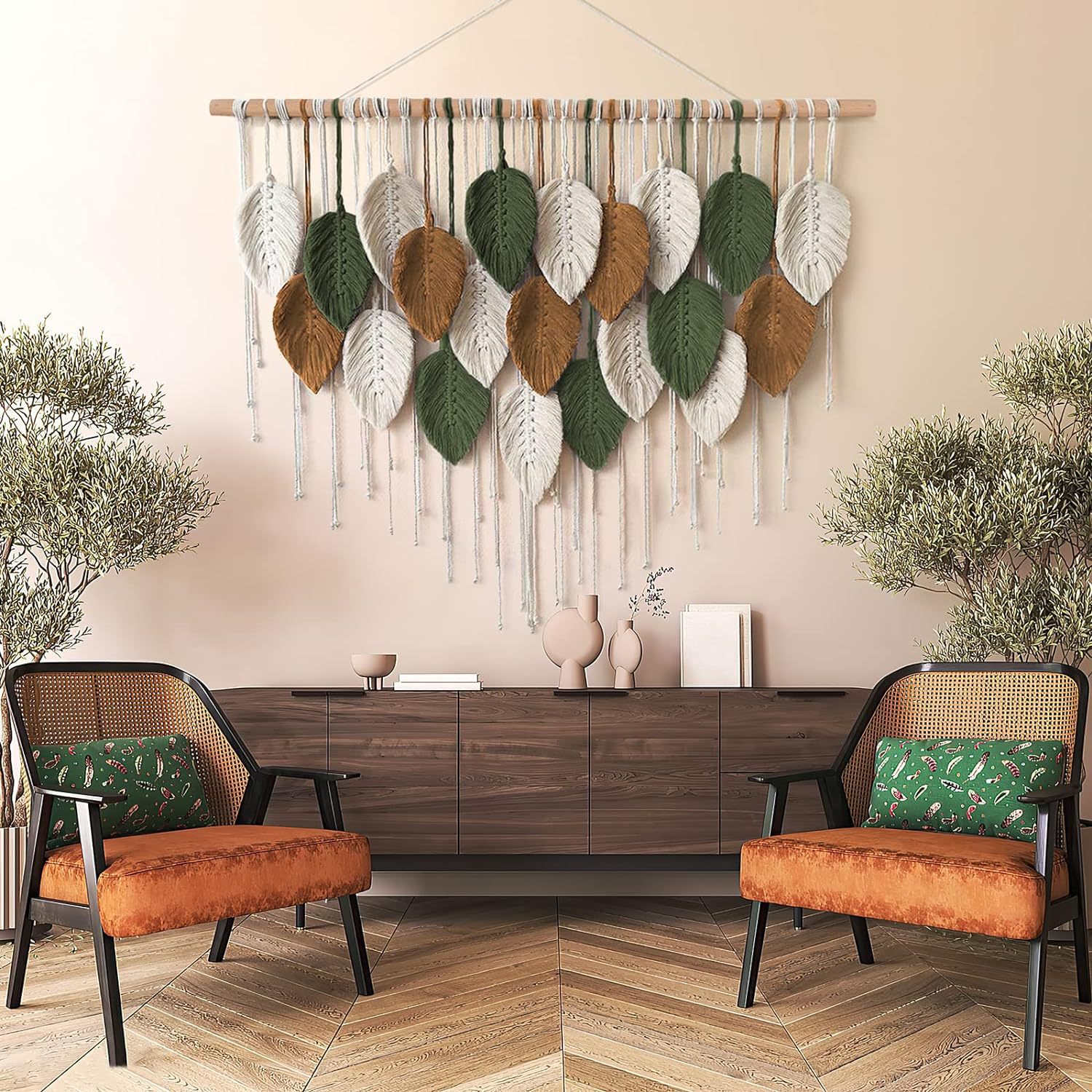 Handwoven Colorful Leaf Tassel Wall Hanging Tapestry - Boho Macrame Decor for Living Room Bedroom Entryway Background Wall photo 1